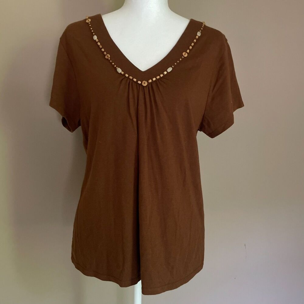 Kiara Chocolate Brown Beaded Short Sleeve Cotton Modal Large Top Boho